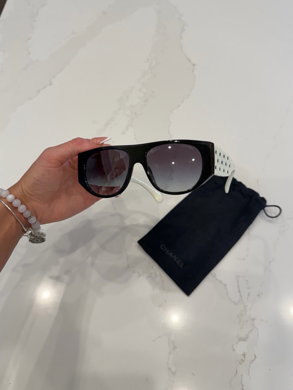Authentic Chanel quilted black + white oversized sunglasses